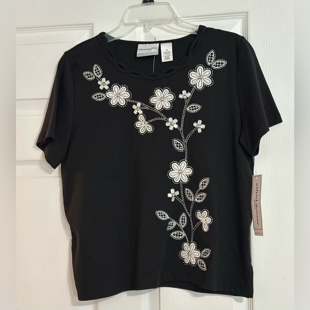 Alfred Dunner St. Barth's Floral Embroidered Scalloped Top Petite Medium NEW